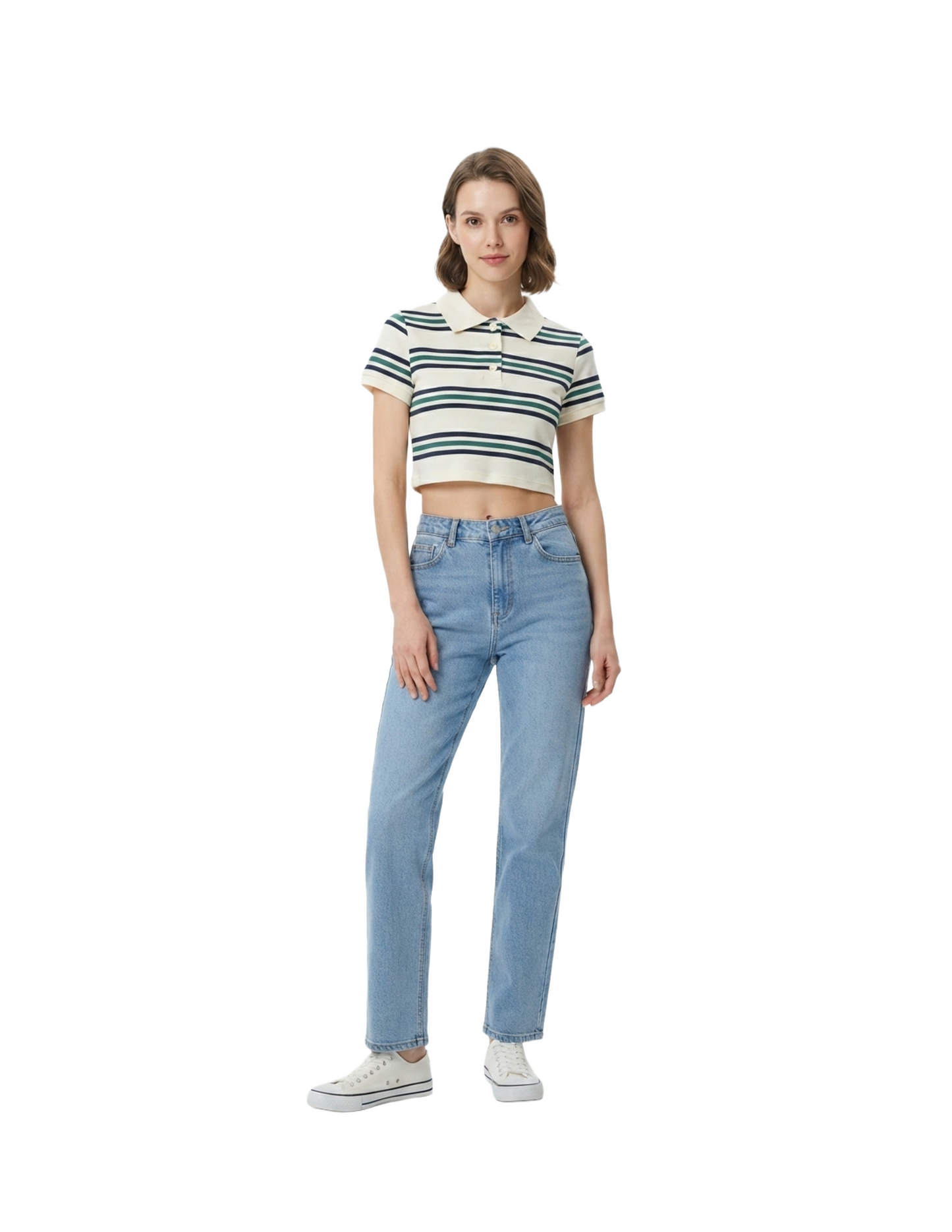 Crop top blanco con cuello tipo sport estampado de rayas