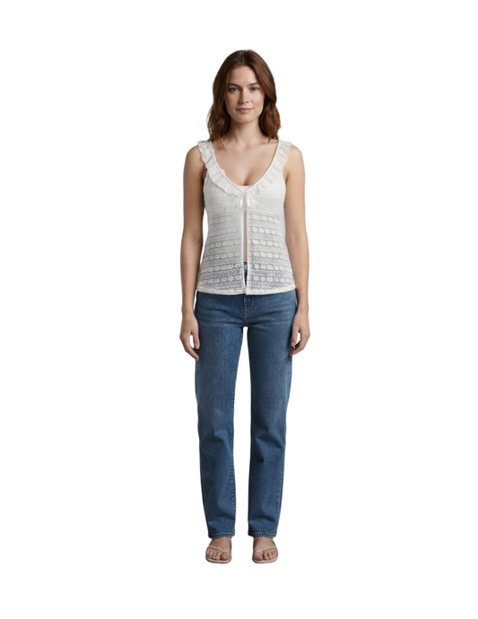 Blusa blanca de encaje escote en V con abierta en cintura