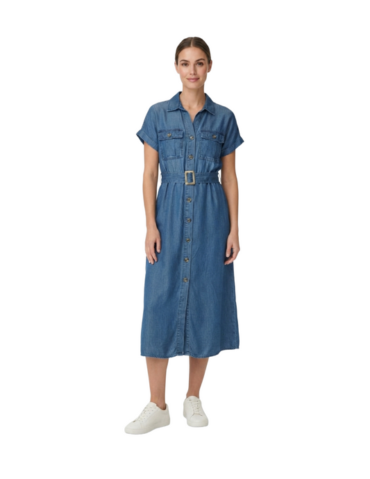 Vestido imitación mezclilla abotonado con cinturón de tela ajustable