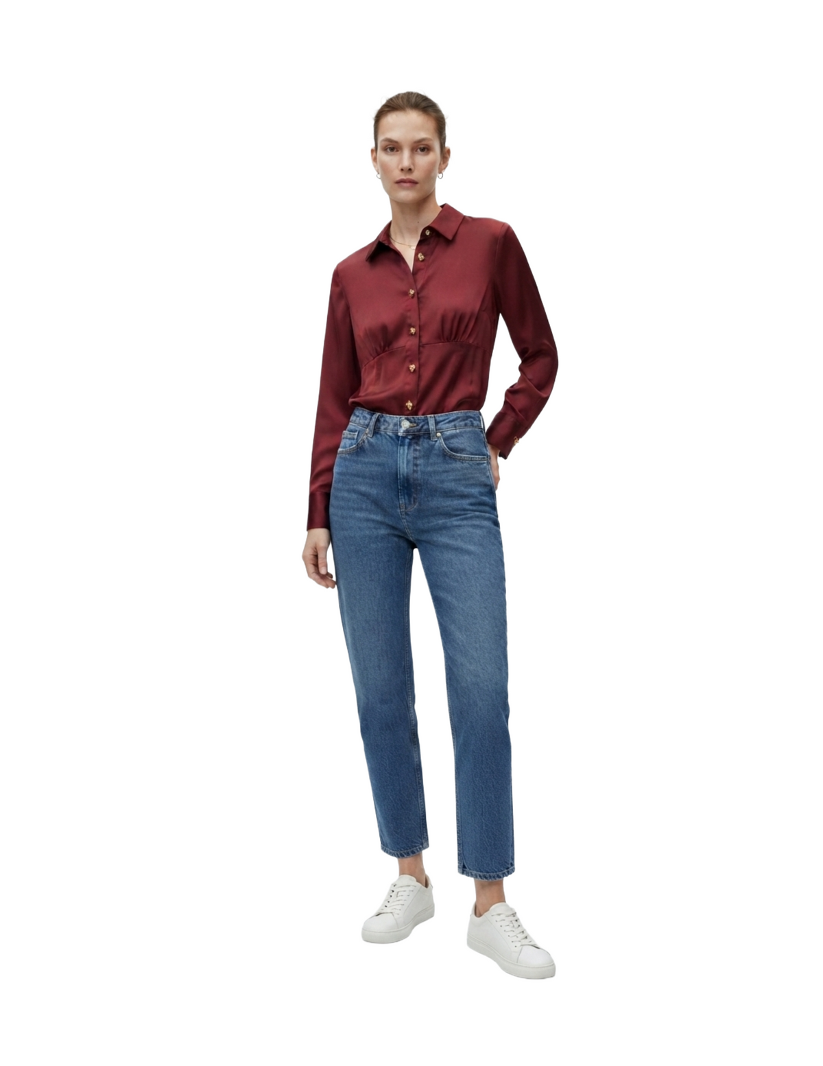 Blusa satinada manga larga abotonada con plisado