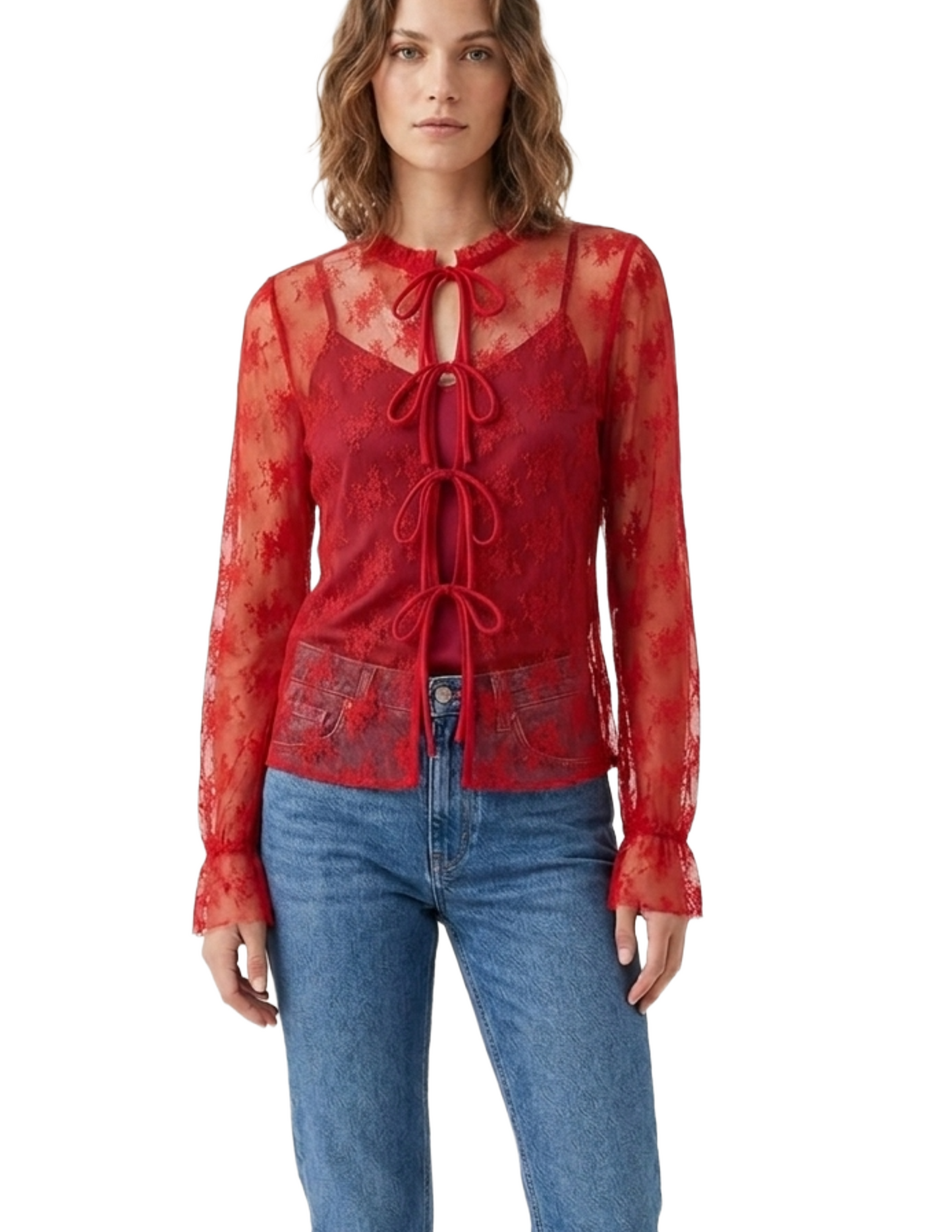 Blusa de mesh transparente con cierre de moños