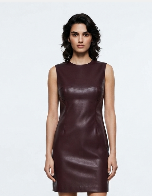 Vestido color vino con plisado lateral cuello redondo de vinipiel