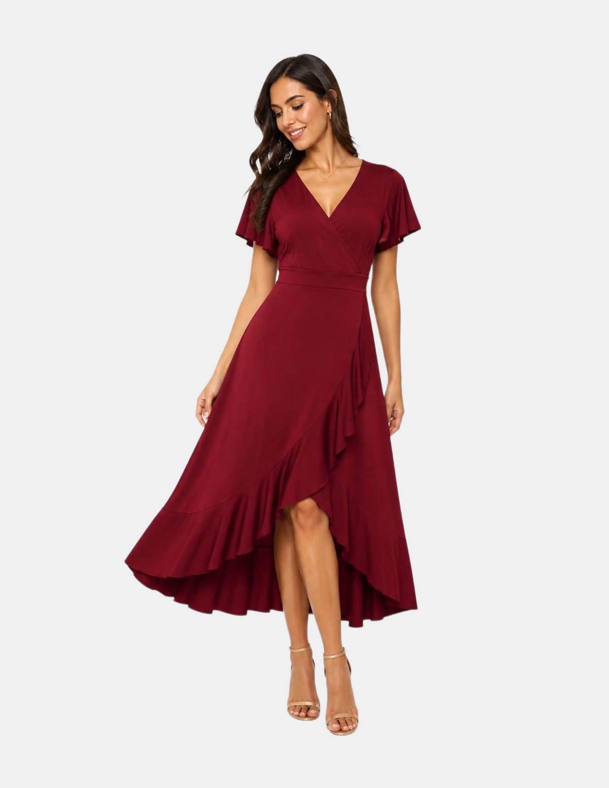 Vestido guinda largo con escote cruzado largo con abertura