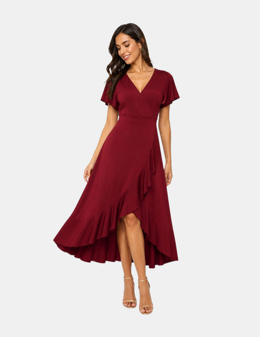 Vestido guinda largo con escote cruzado largo con abertura