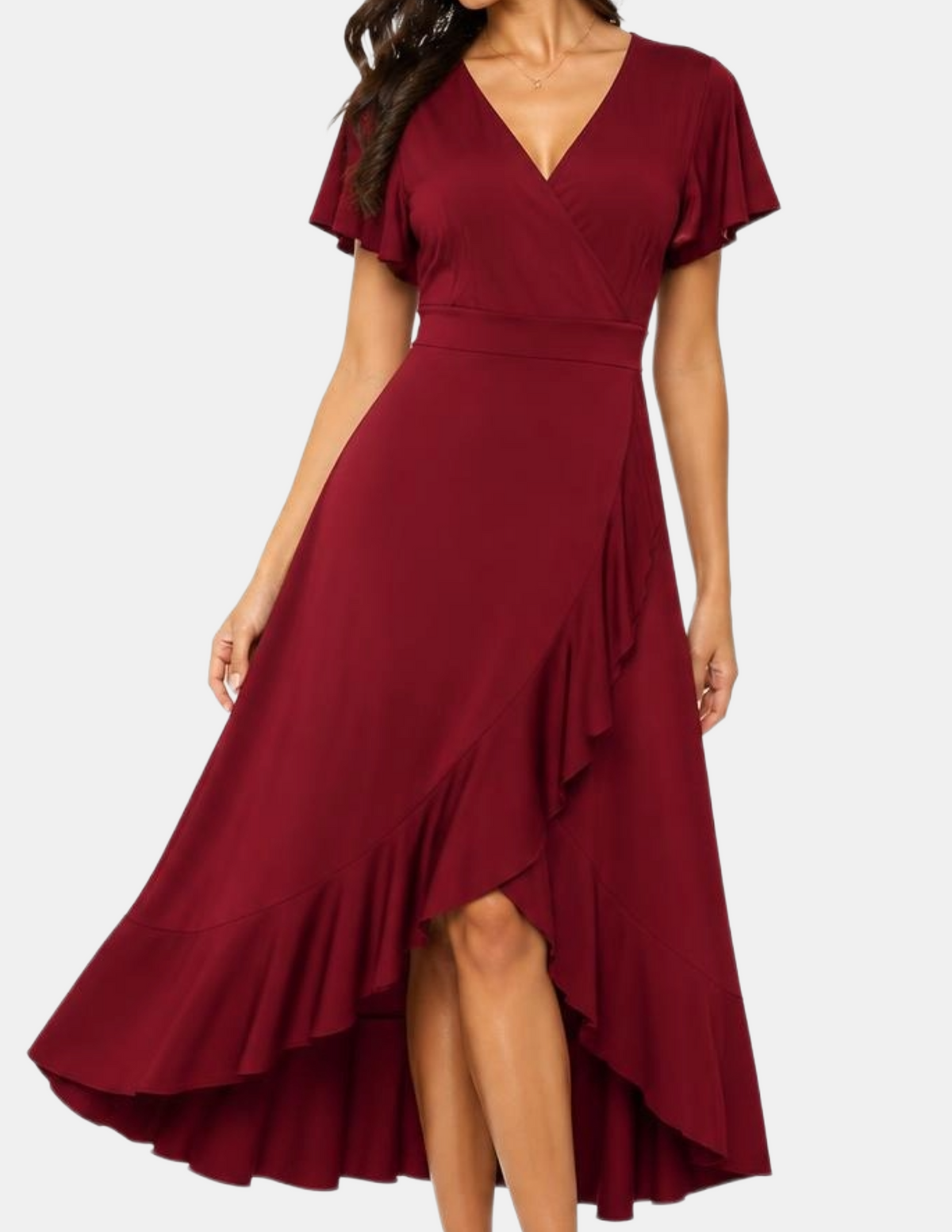 Vestido guinda largo con escote cruzado largo con abertura