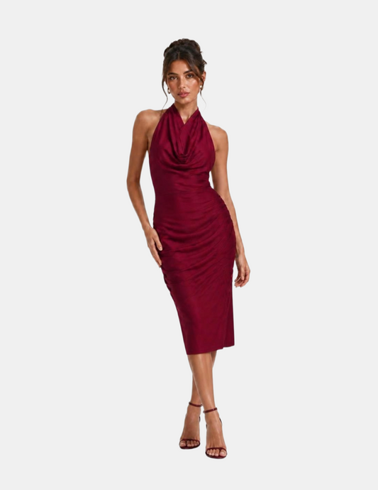 Vestido guinda con amarre al cuello estilo satinado