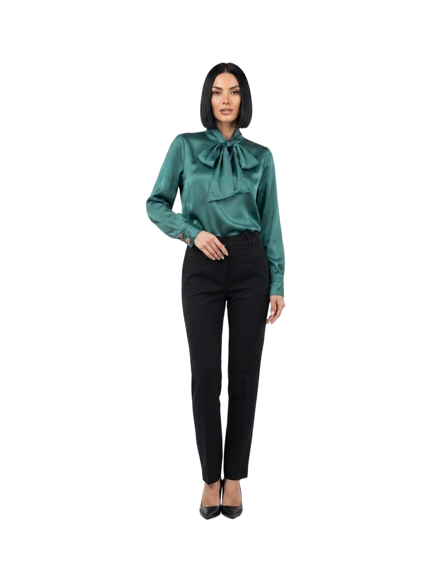 Blusa satinada color acqua con amarre en cuello