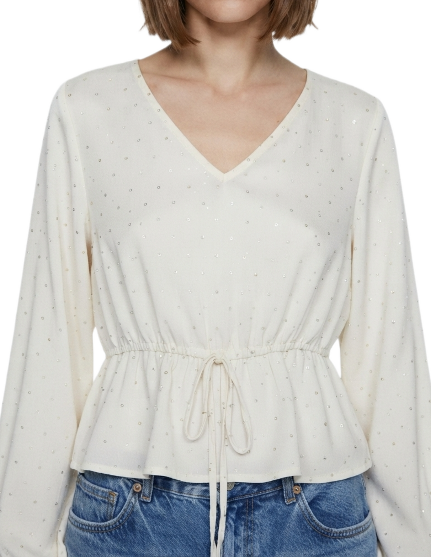 Blusa satinada con puntos brillantes decorados, ajuste en cintura