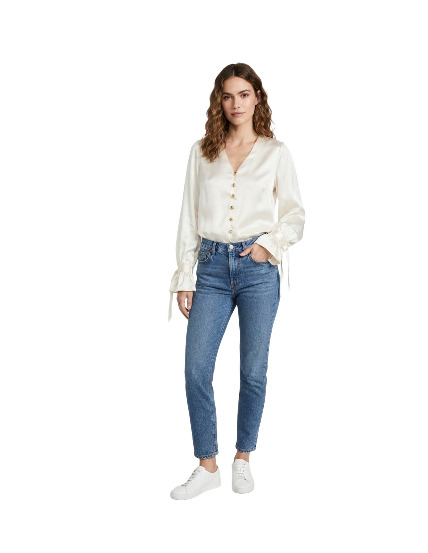 Blusa satinada abotonada con puños decorativos