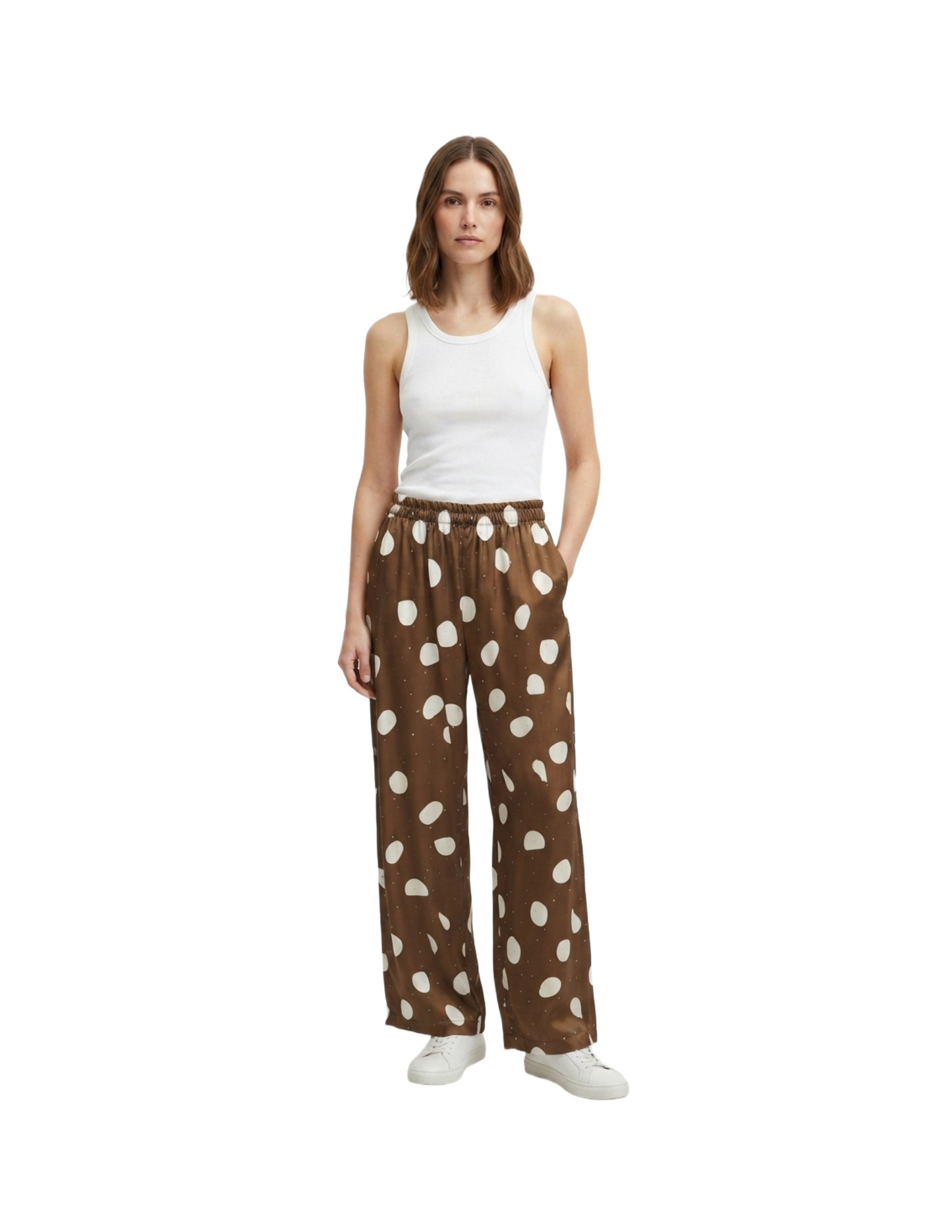 Pantalón cafe con estampado de brillos y elastico en cintura
