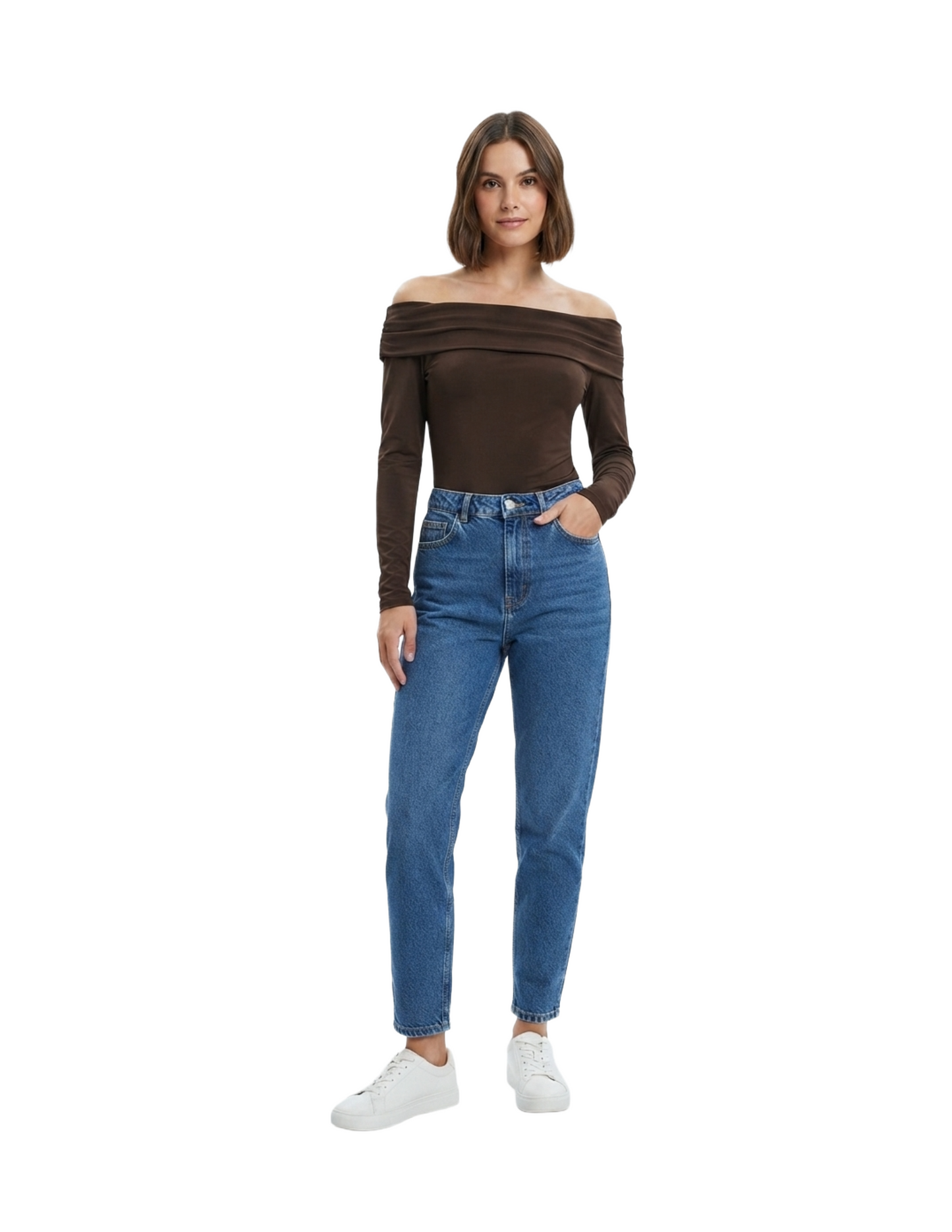 Blusa cafe cuello holgado manga tres cuartos