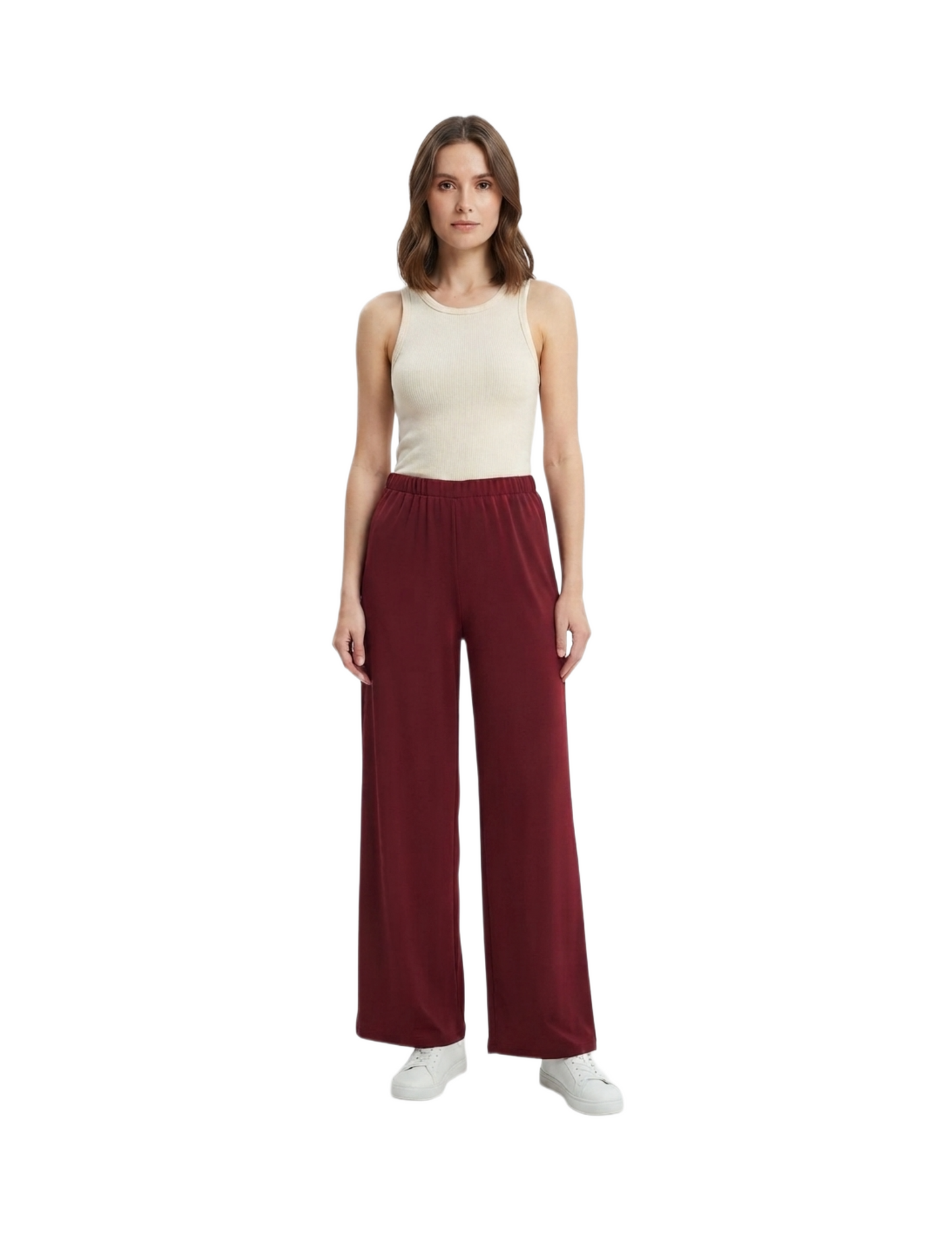 Pantalón guinda con elástico en cintura de vestir tela strech