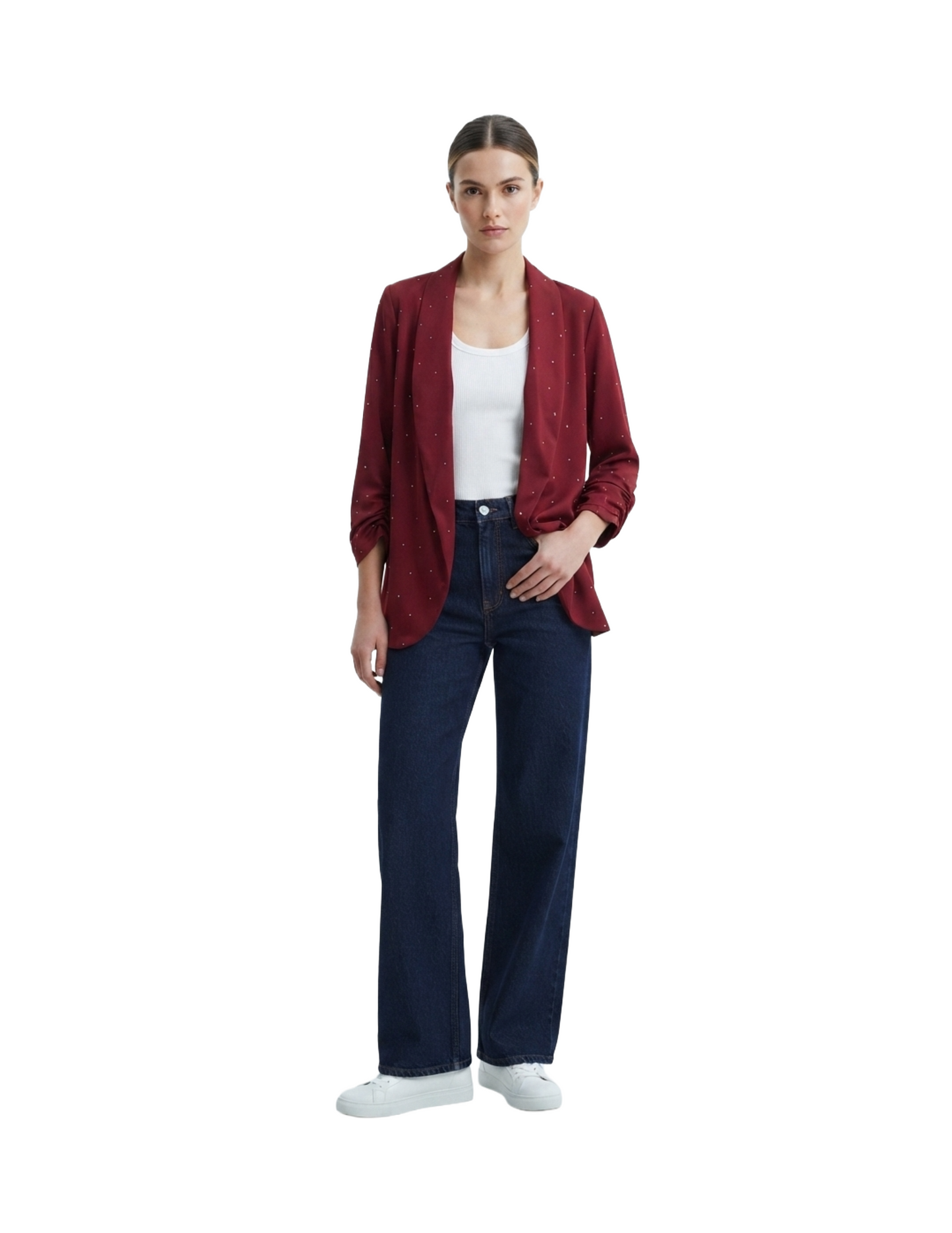 Blazer guinda abierto con brillos manga tres cuartos