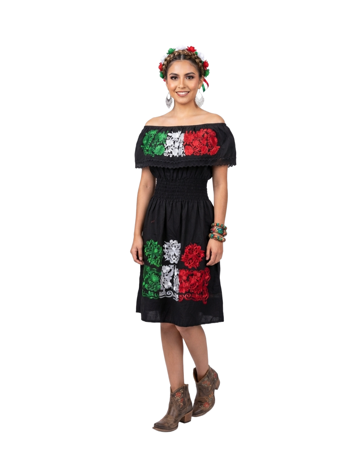 Vestido artesanal bordado con hombro descubierto