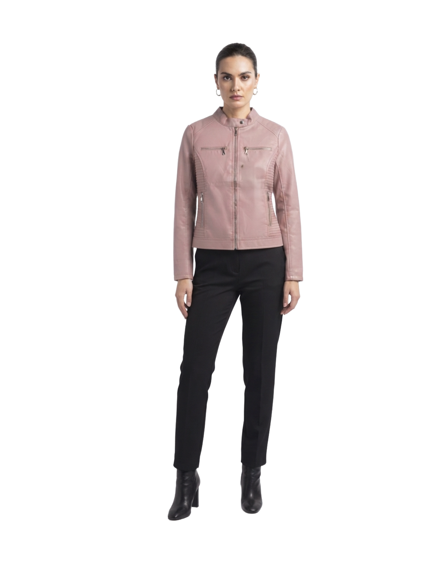 Chamarra de vinipiel rosa tipo biker