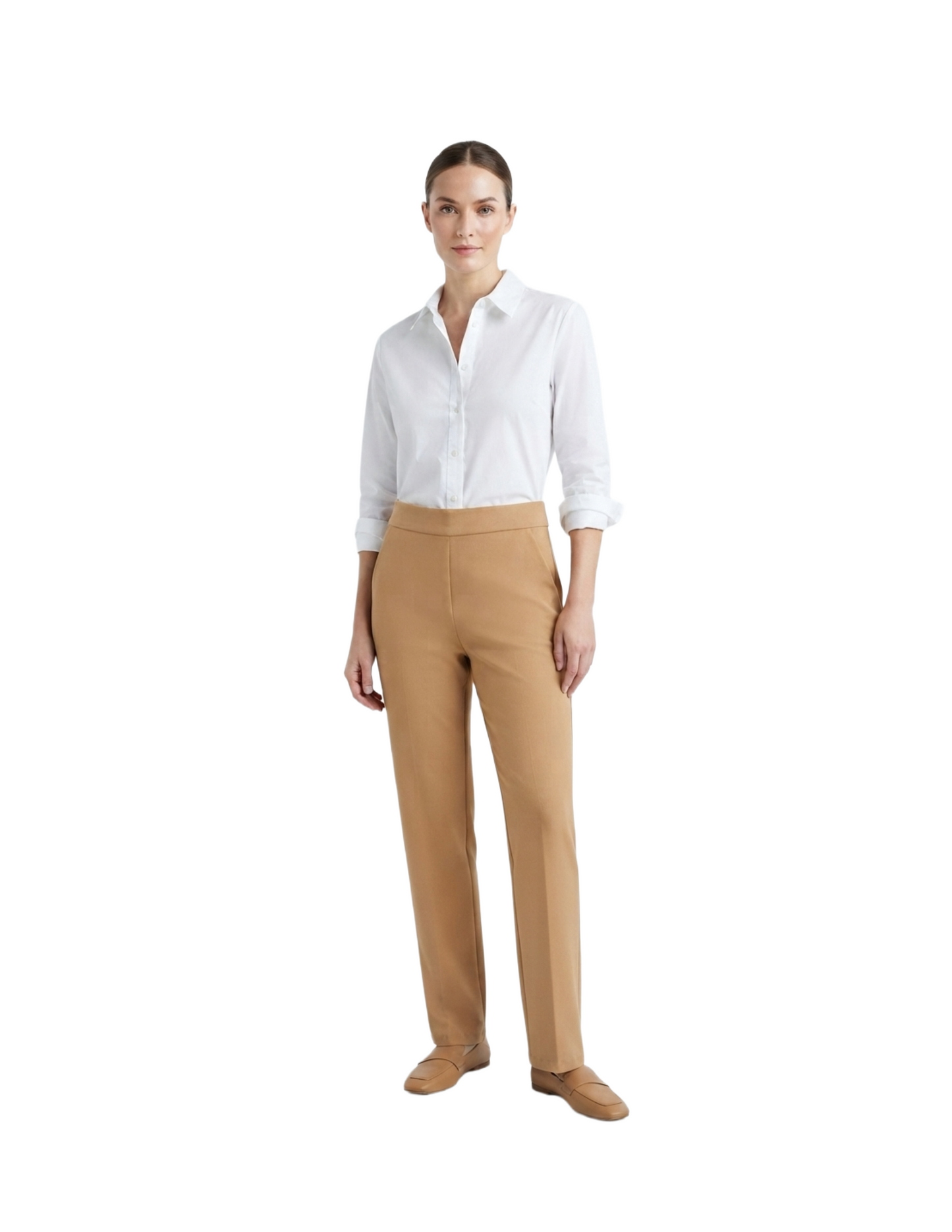 Pantalón beige con elástico en cintura de vestir corte recto