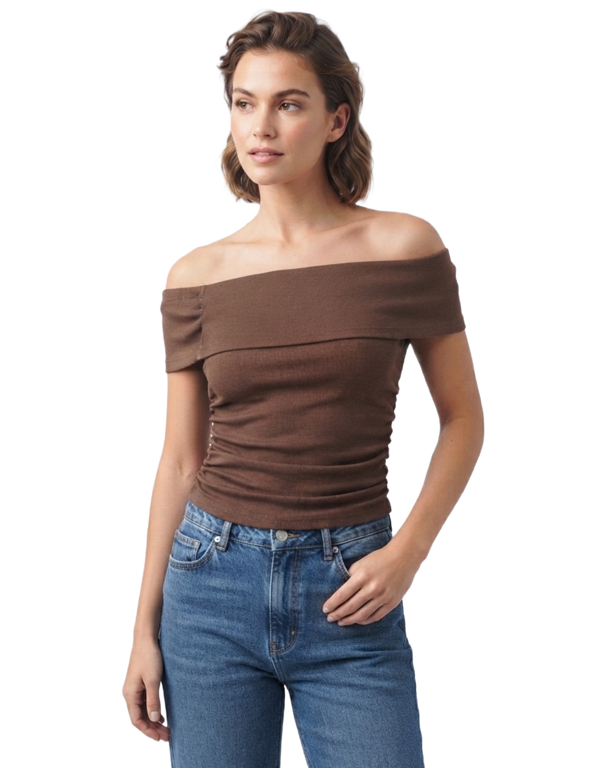 Blusa cafe con hombro descubierto tipo mesh