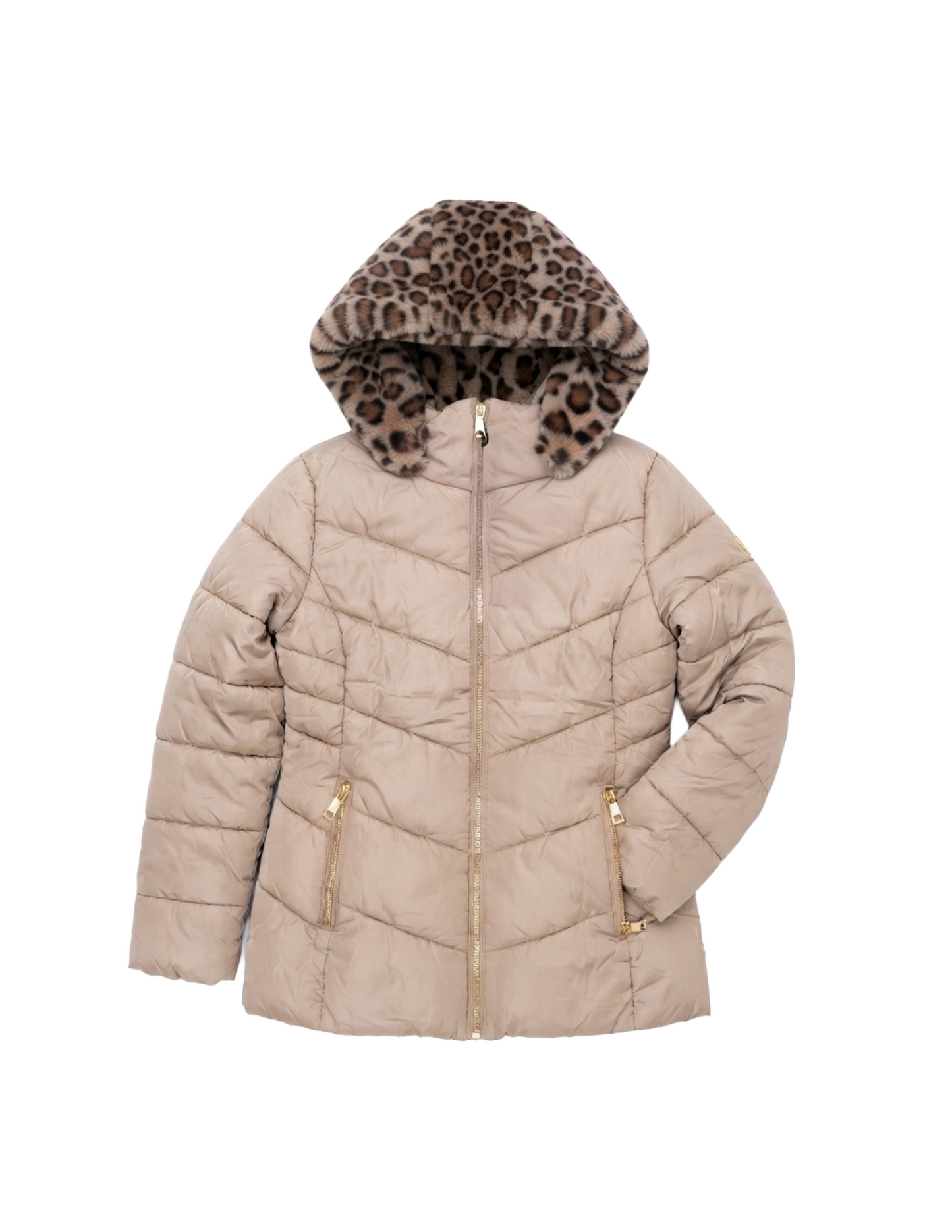 Chamarra capitoneado con gorro tipo animal print
