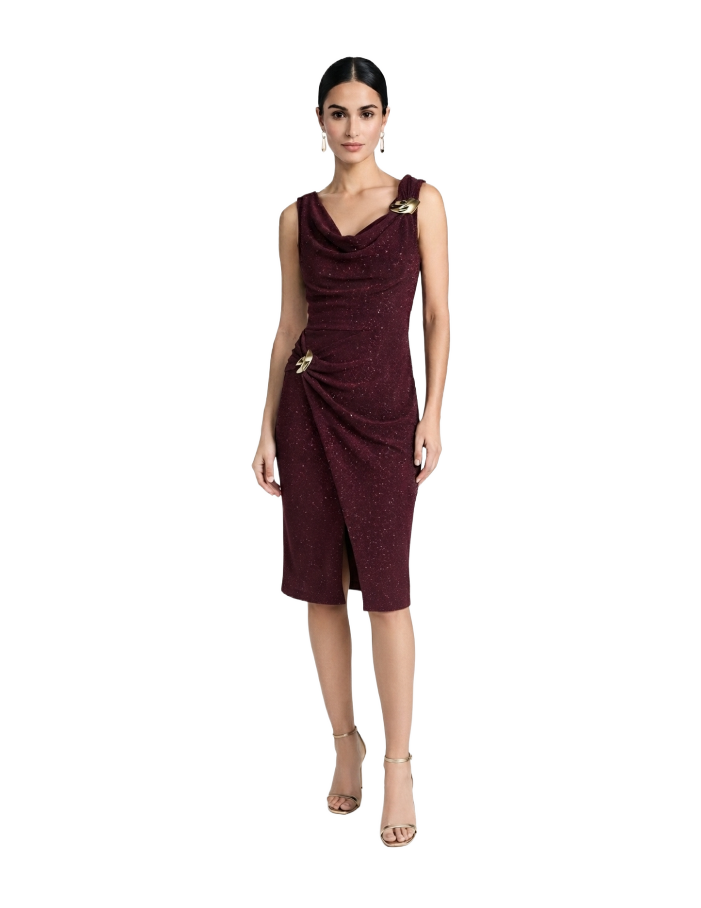 Vestido guinda con destellos corte cruzado