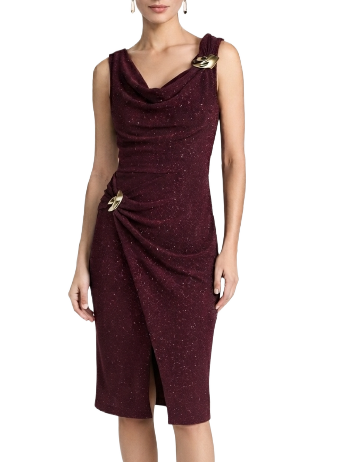 Vestido guinda con destellos corte cruzado