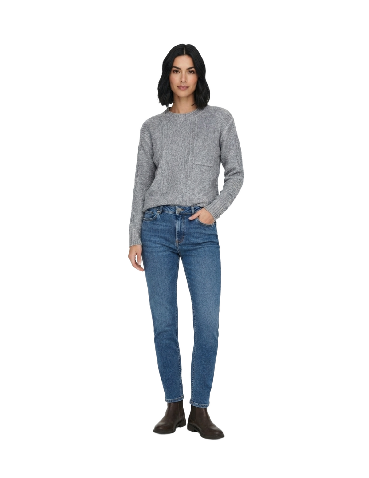 Suéter gris cuello redondo tejido