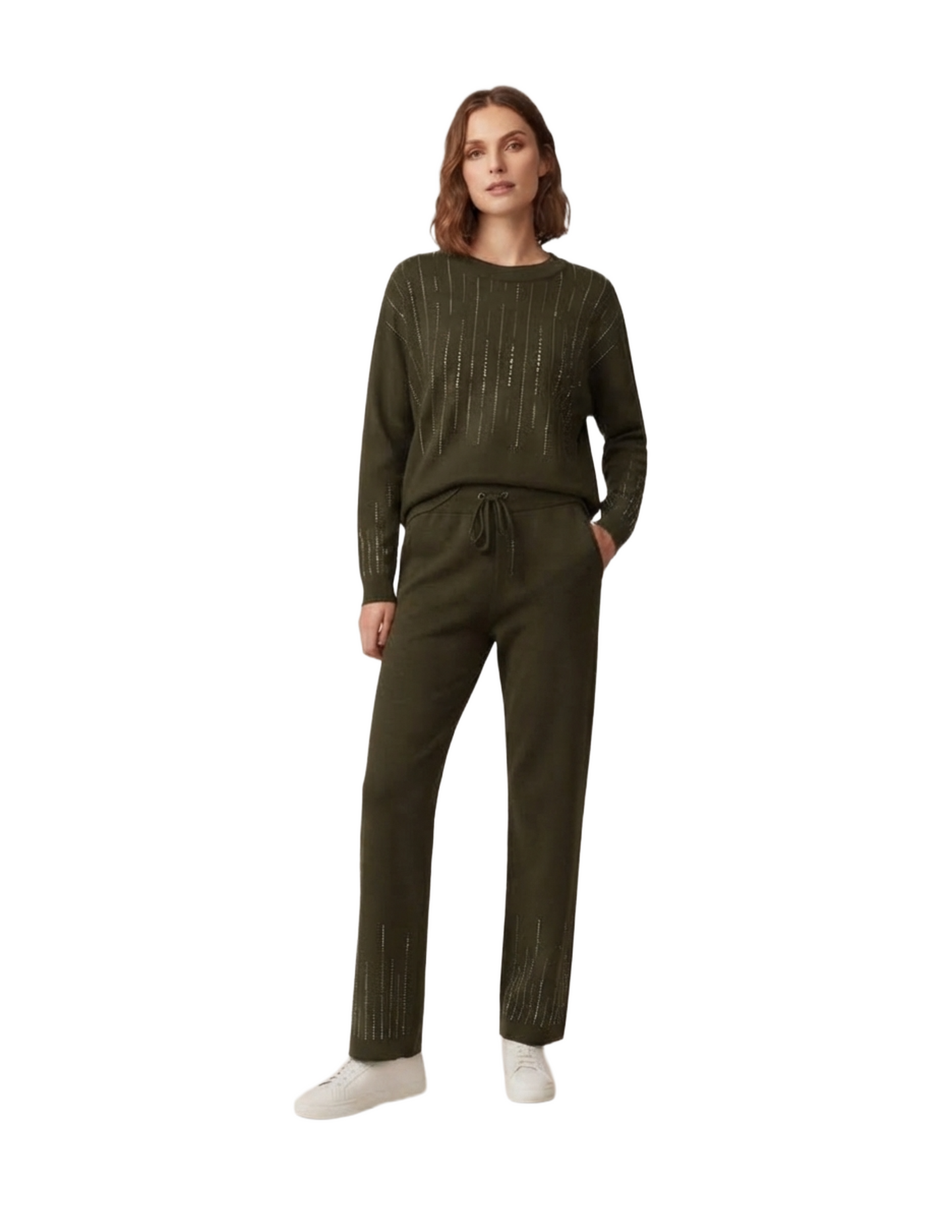 Conjunto verde de suéter y pantalonera con detalles de brillos
