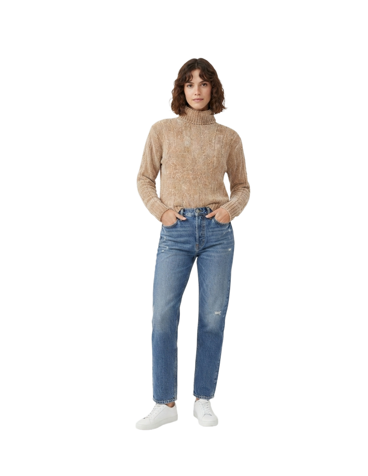 Suéter beige cuello de tortuga acanalado