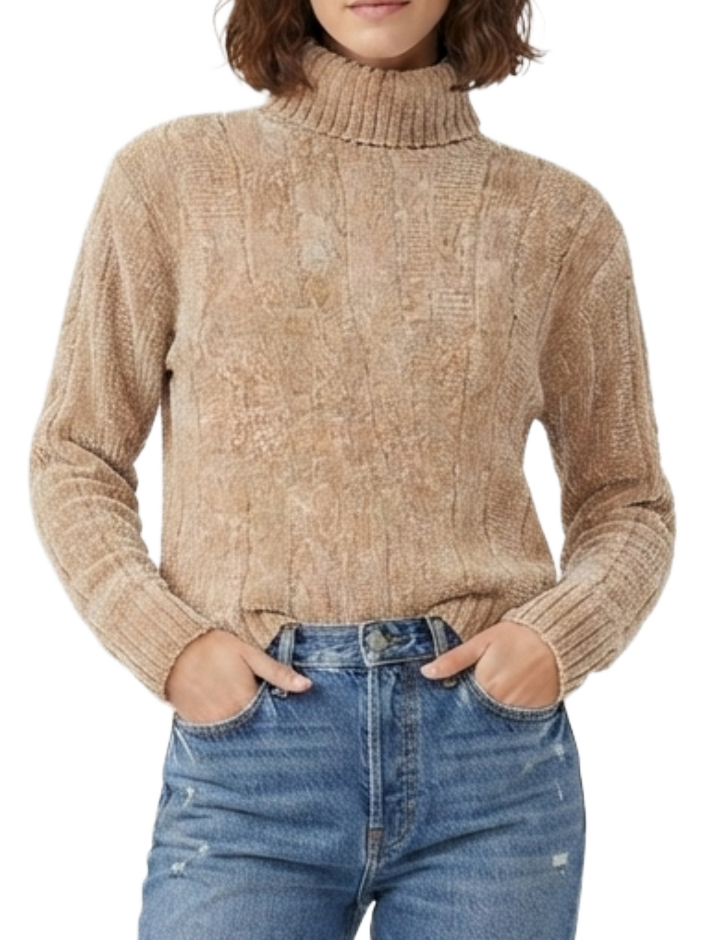 Suéter beige cuello de tortuga acanalado