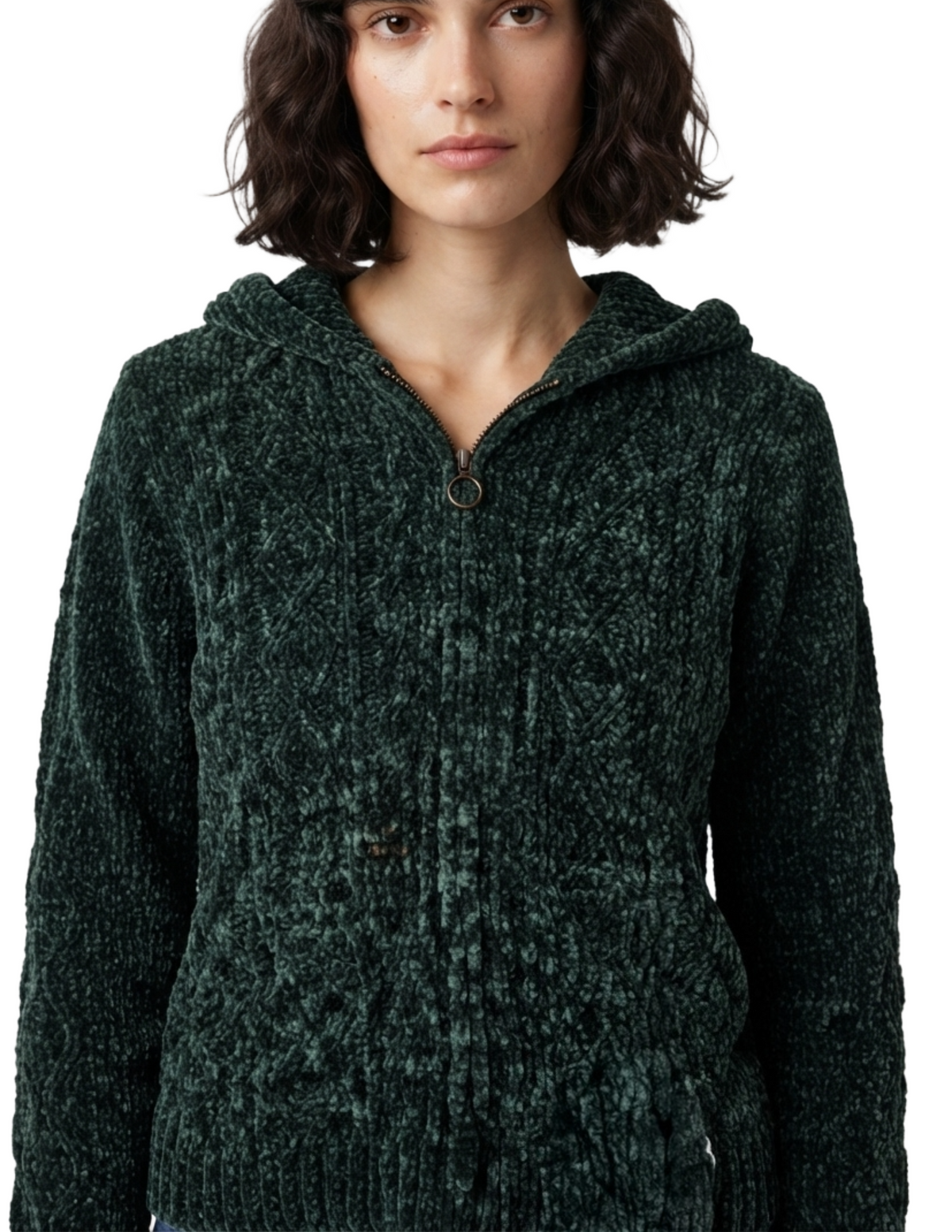 Suéter verde con zipper y gorro