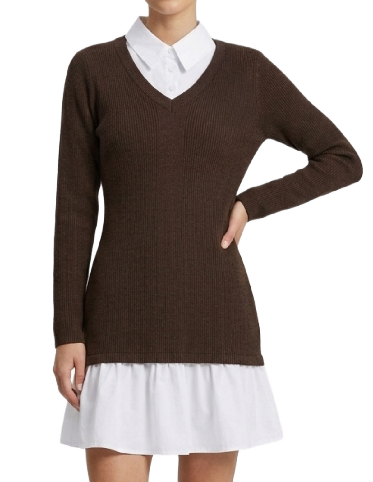 Vestido cafe acanalado entallado con detalles de cuello tipo camisa