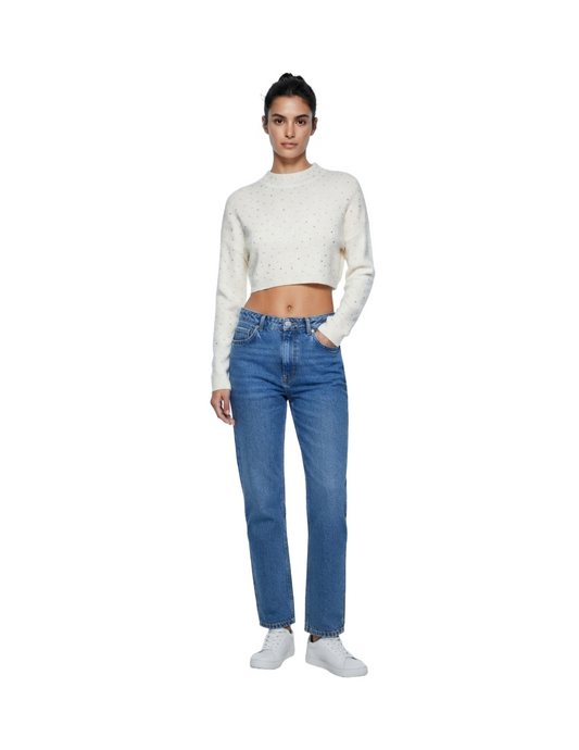 Suéter beige cuello redondo manga larga con brillos