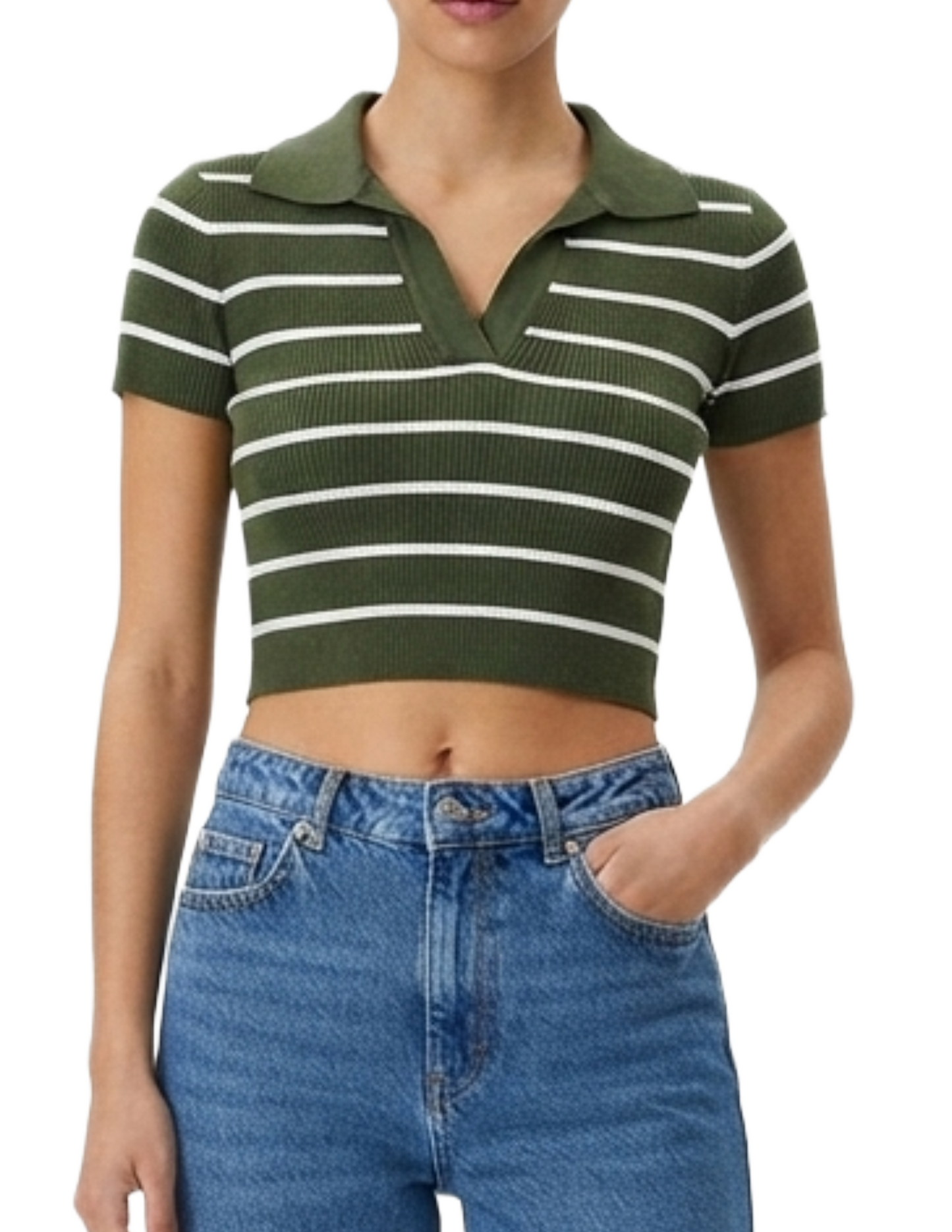 Blusa verde con rayas horizontales tipo suéter acanalada cuello sport