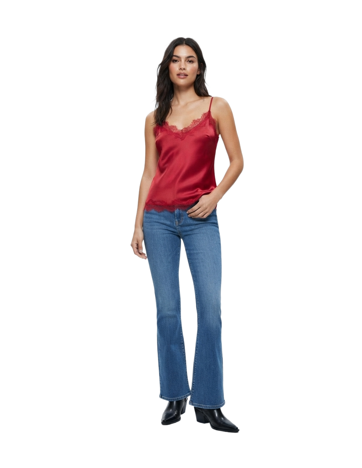 Blusa de tirantes satinada con encaje en costuras