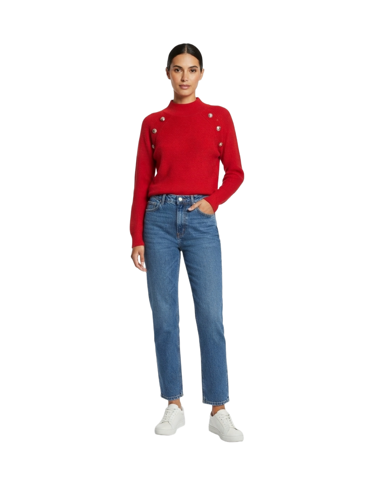 Sueter rojo cuello alto con botones decorativos