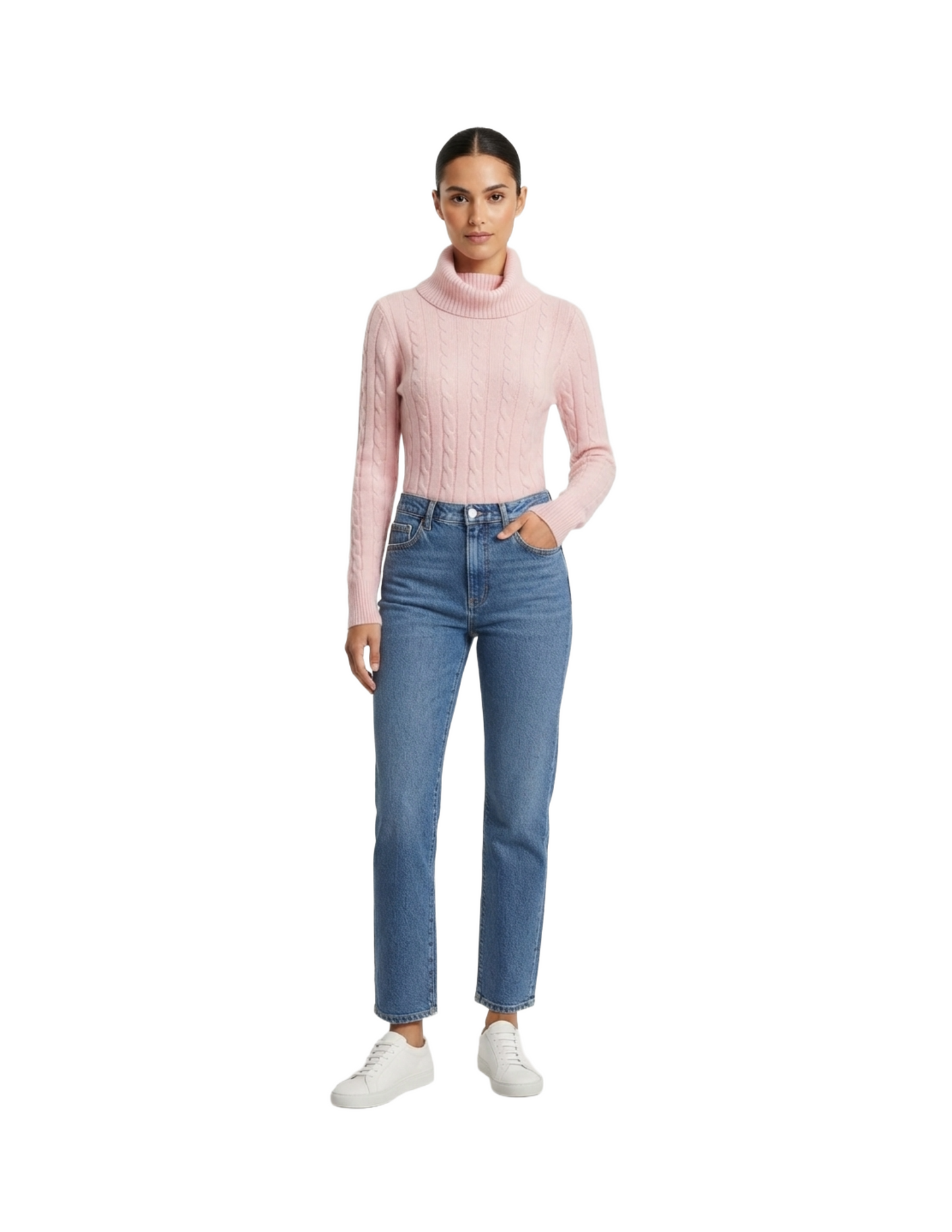 Suéter rosa cuello alto con diseño trenzado
