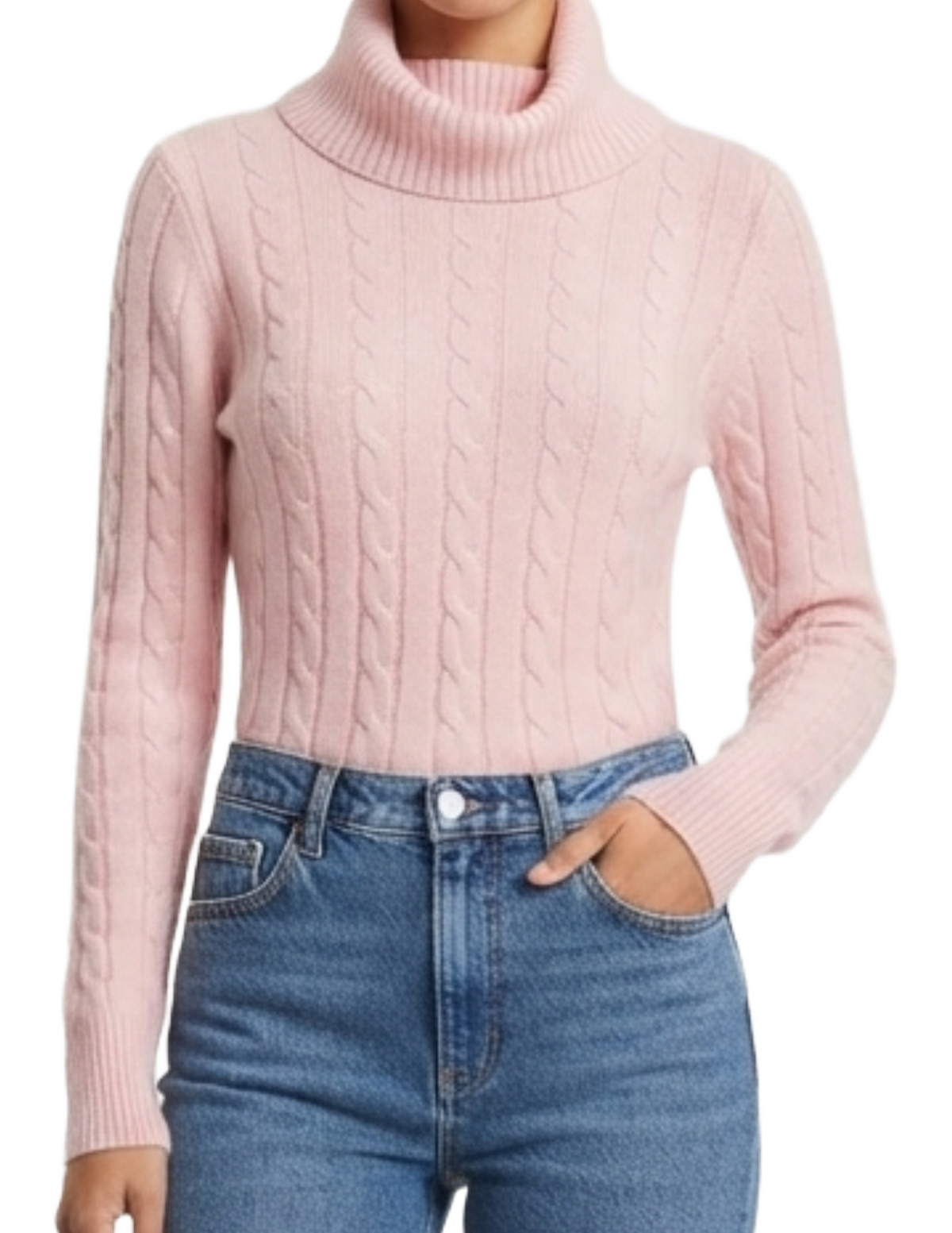 Suéter rosa cuello alto con diseño trenzado
