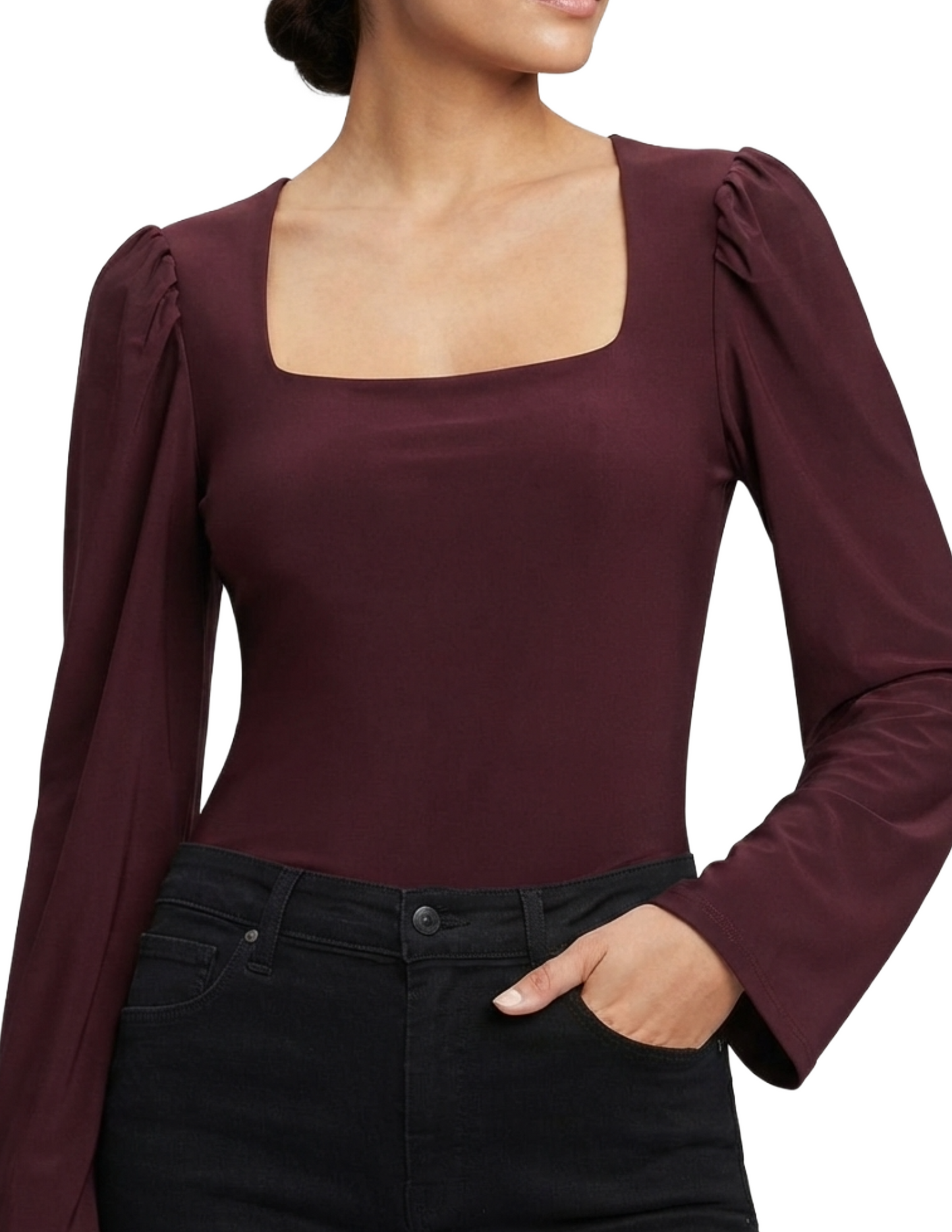 Blusa guinda cuello cuadrado manga larga