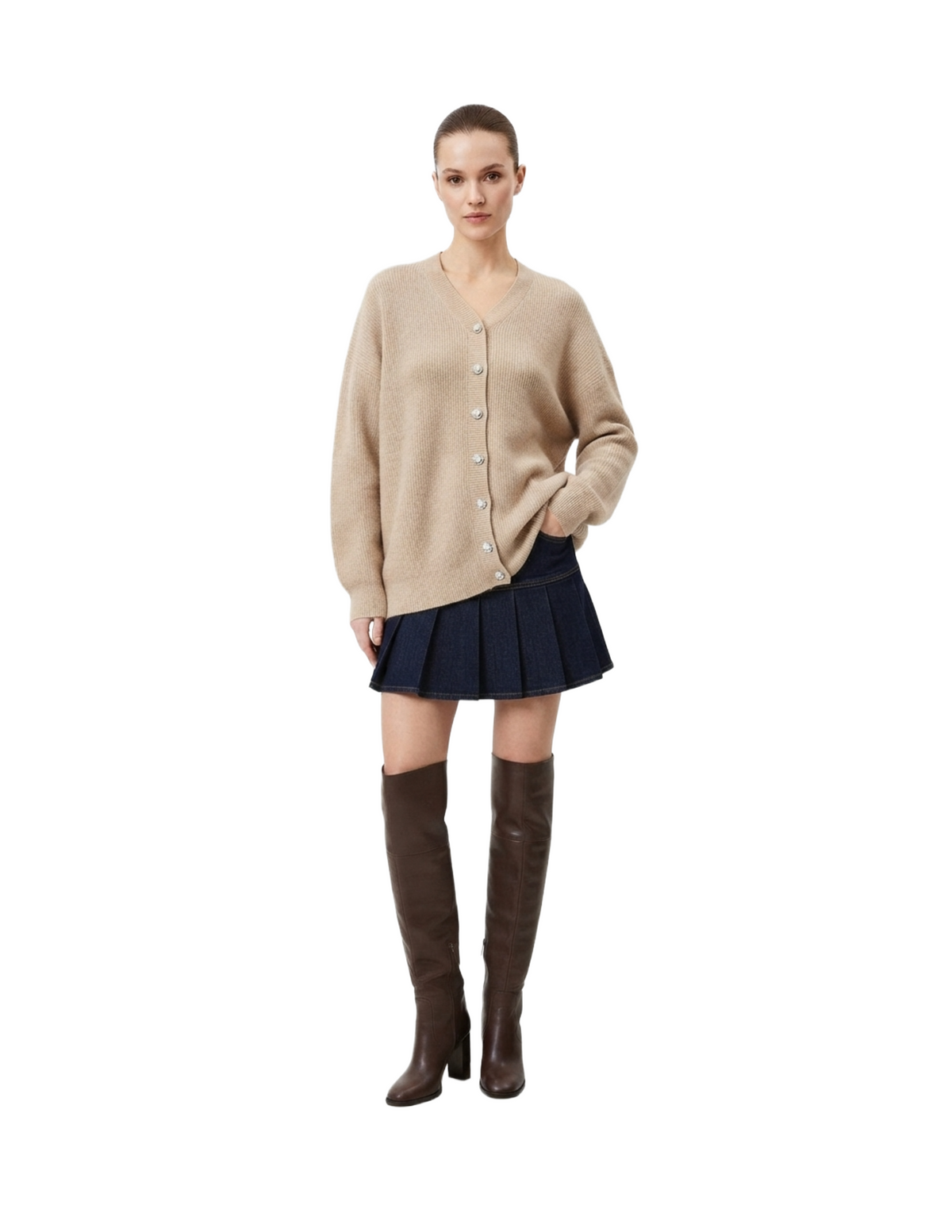 Suéter beige acanalado oversize abotonado