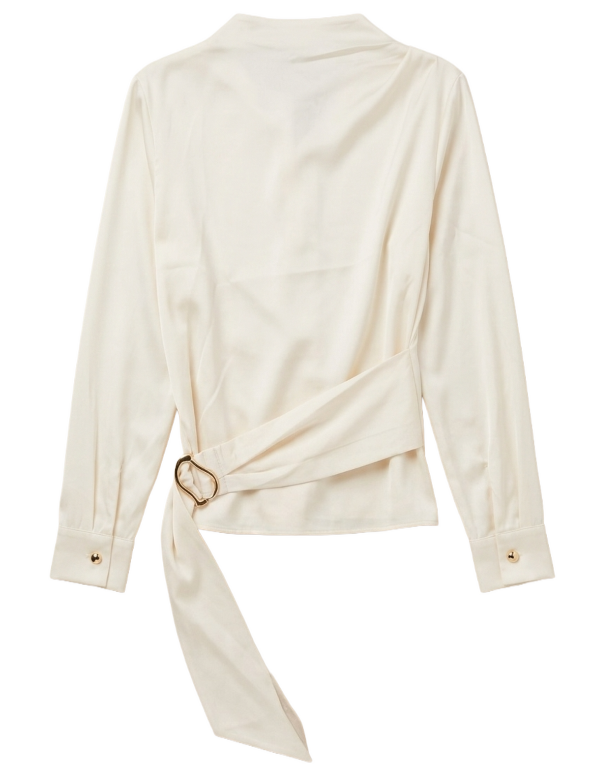 Blusa satinada de cuello alto con medio cinto