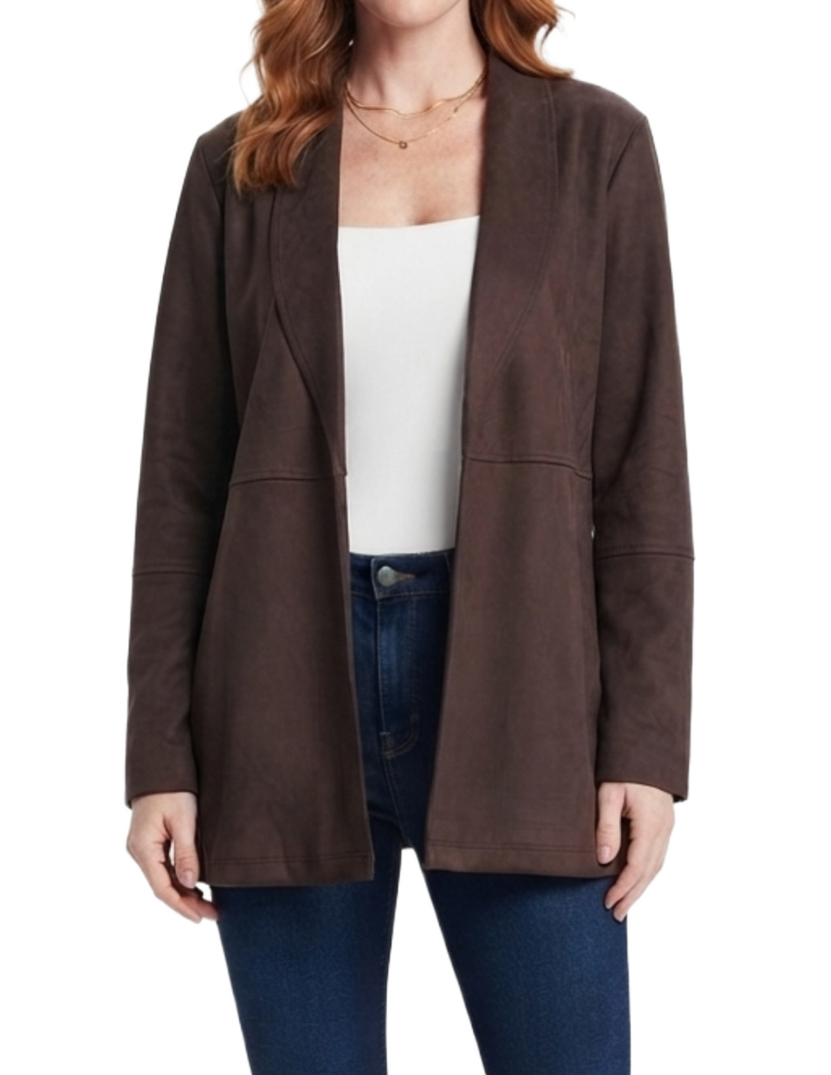 Saco de gamuza cafe con solapa abierto tipo oversize