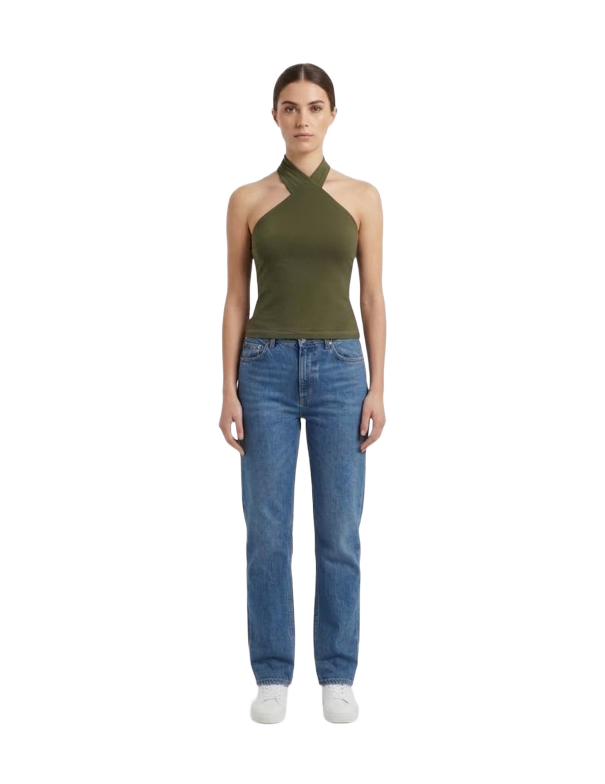 Blusa verde estilo halter con agarre en cuello