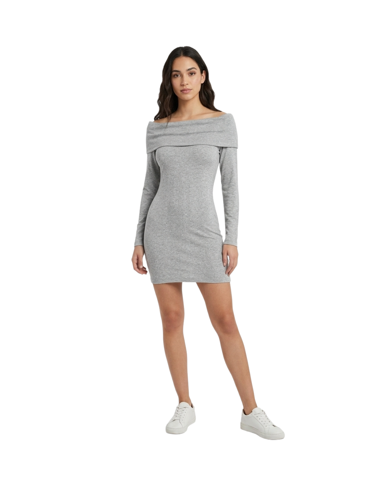 Vestido gris manga larga con cuello doblado