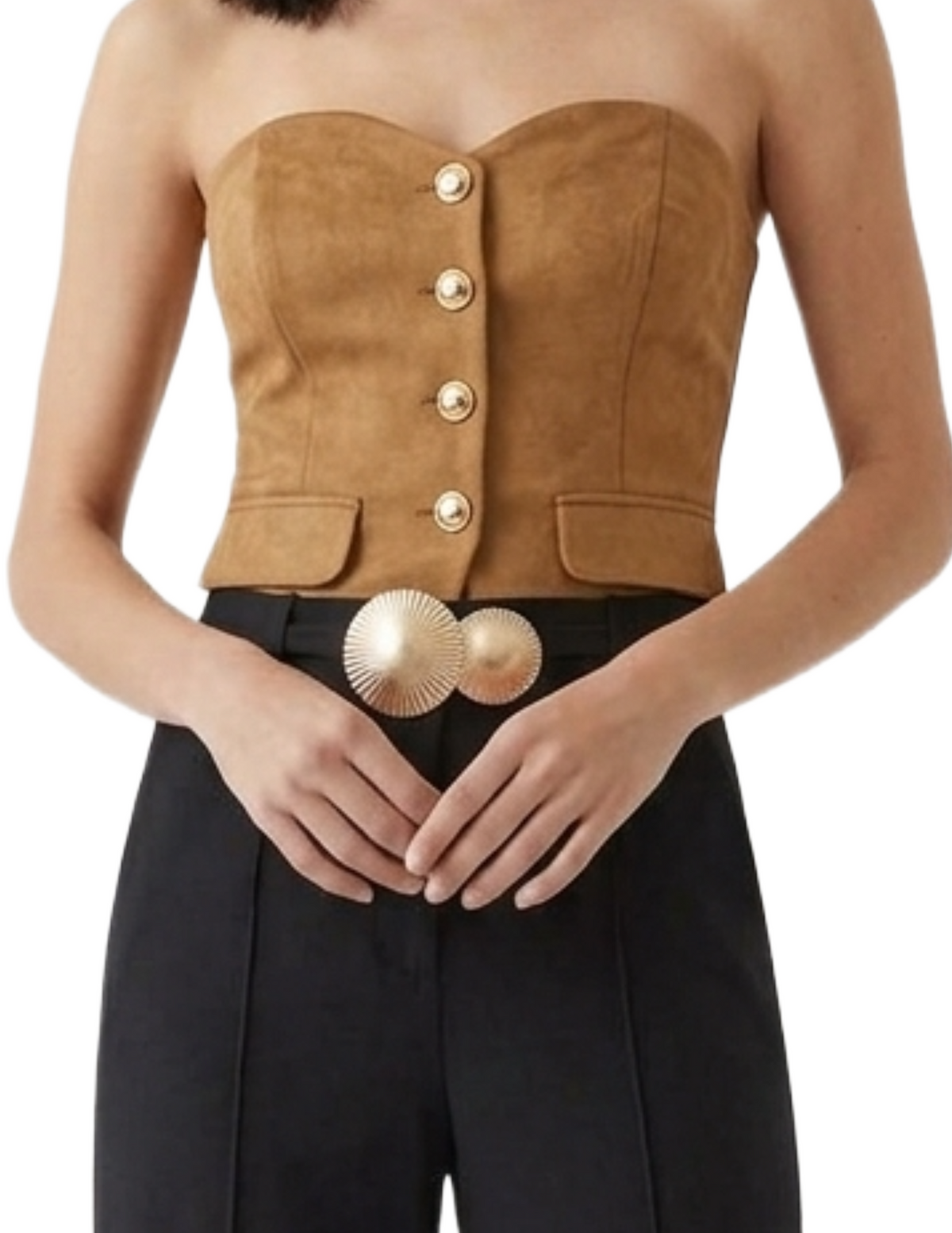 Crop top strapless de gamuza abotonado