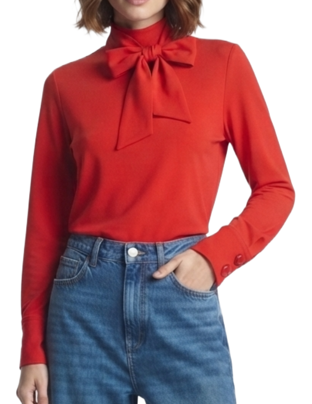 Blusa roja con amarre en el cuello con botones en manga