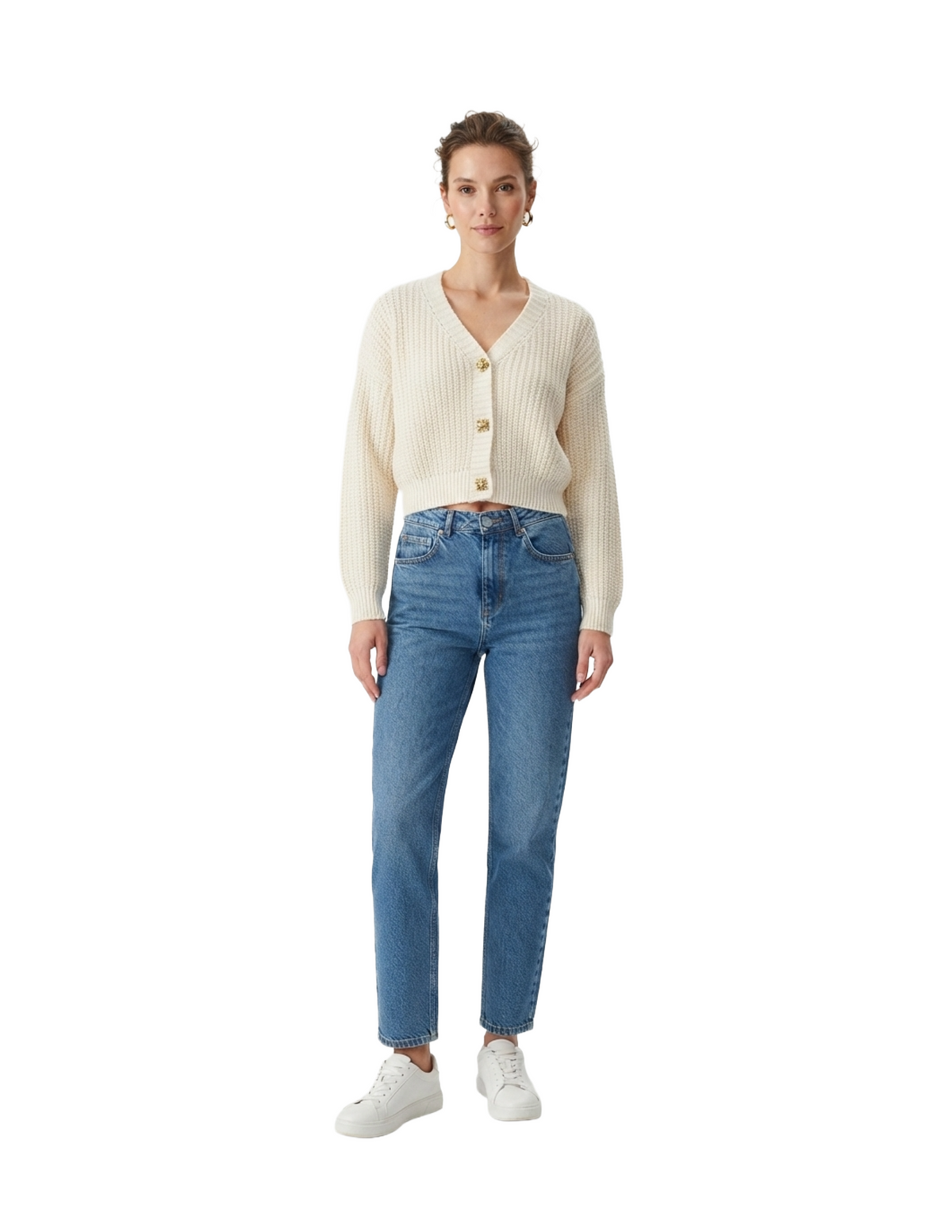 Suéter tejido tipo cardigan con botones de metal