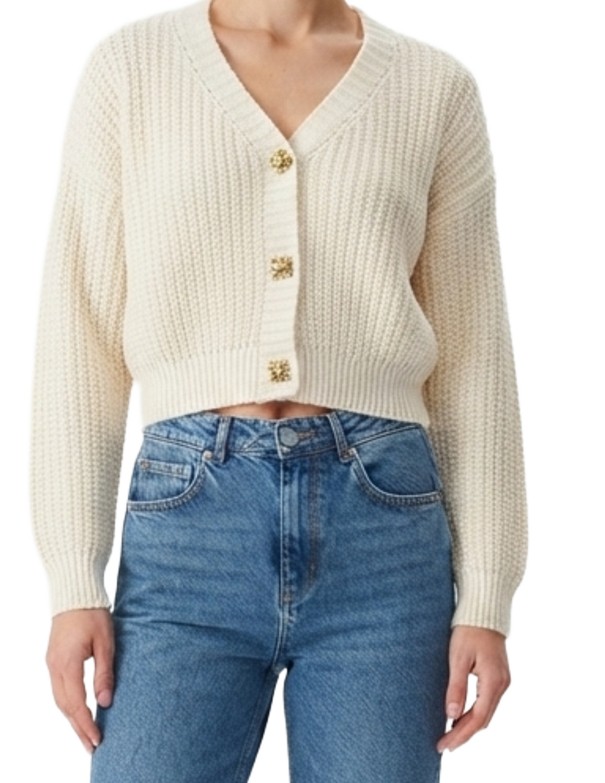 Suéter tejido tipo cardigan con botones de metal
