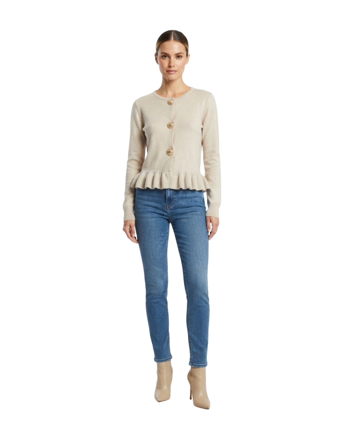 Suéter beige abotonado con olanes en costura