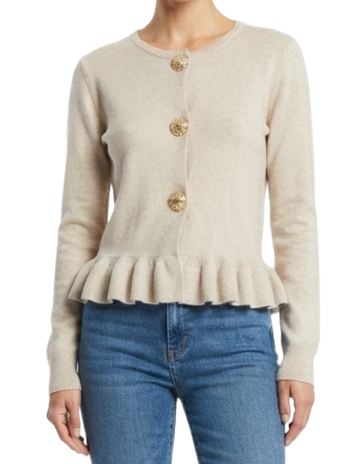 Suéter beige abotonado con olanes en costura