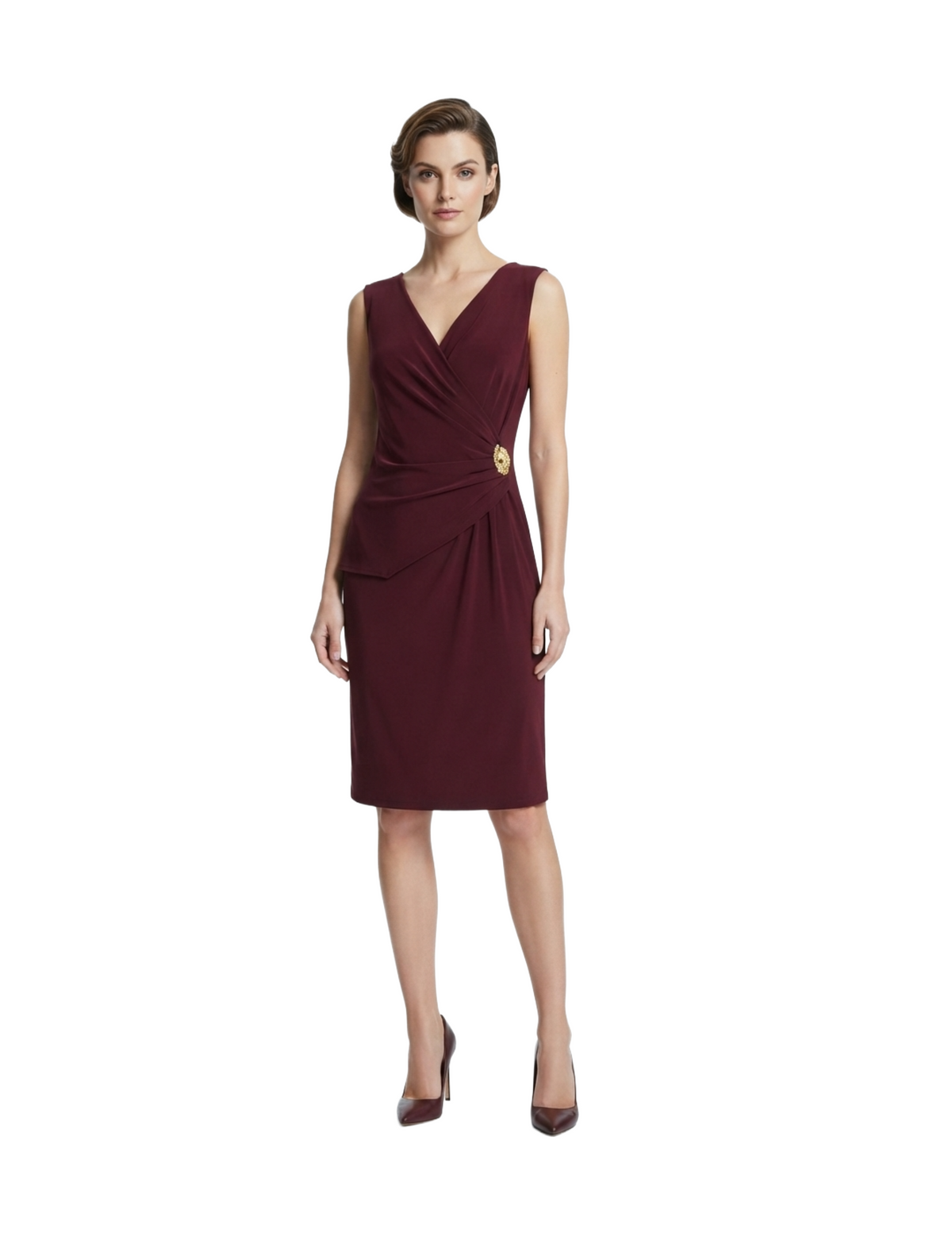Vestido guinda cruzado con broche lateral