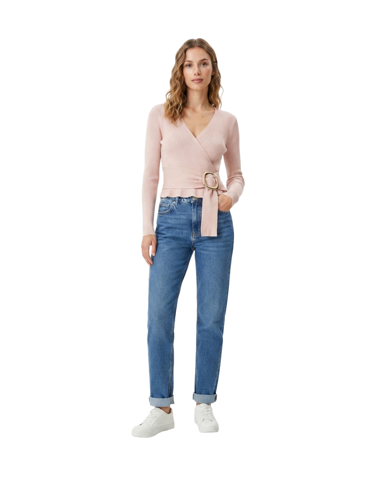 Blusa acanalada rosa con abertura en pecho medio cinto decorativo